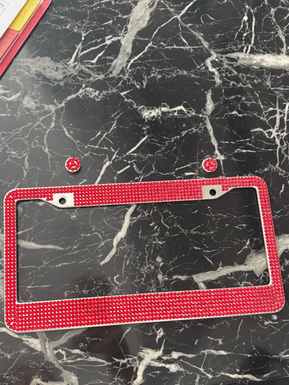 Red Crystal License Plate Frame with Matching Screws